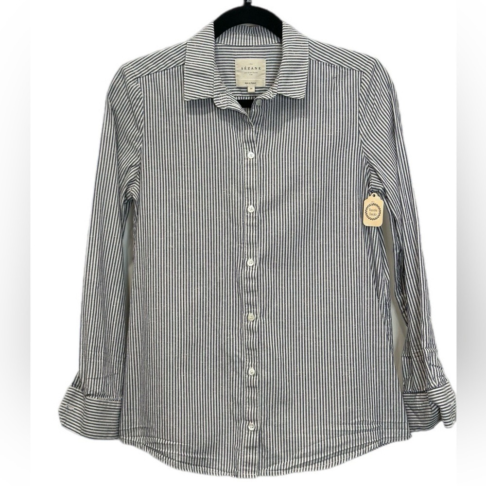 Sezane Blue White Striped Button Down Shirt Long Sleeve Size 36 Made in Poland